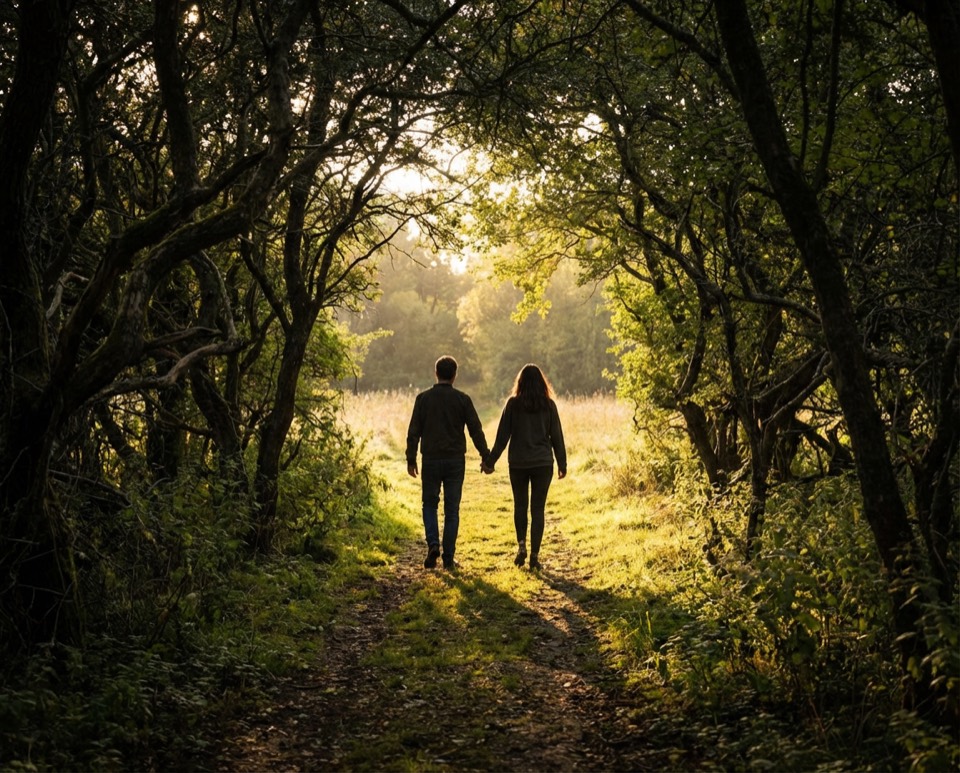 Two people walking together toward a brighter path, suggestive of the journey toward treatment