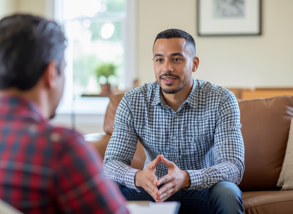 A patient and coach in a focused, supportive conversation